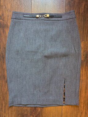 Express Design Studio: Gray Tweed Pencil Skirt Gold Buckle Leopard Slit Size 4